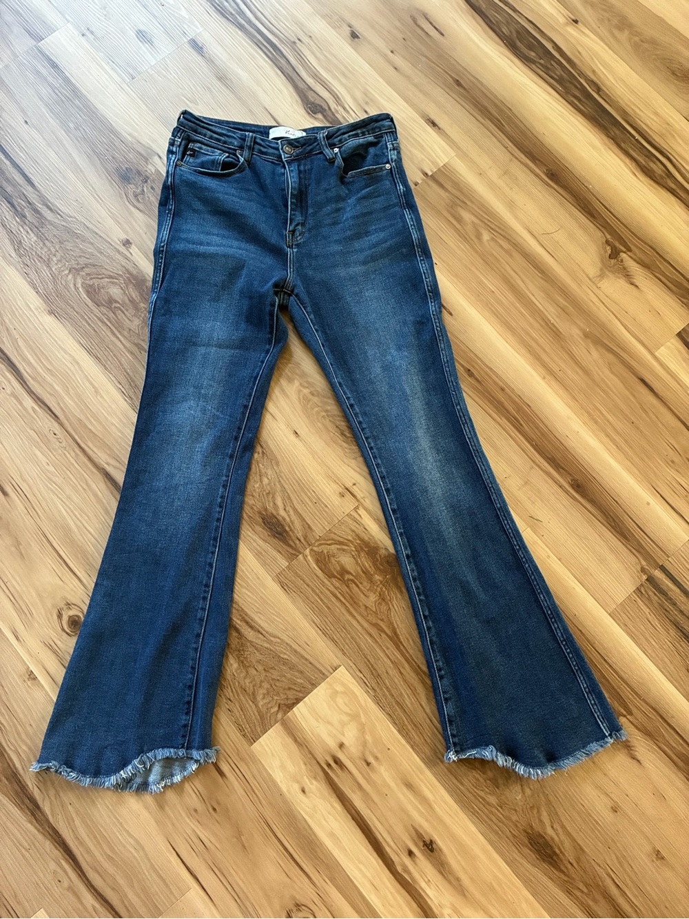 KAN-CAN High-Rise Dark Blue Flare Jeans with Frayed Hem